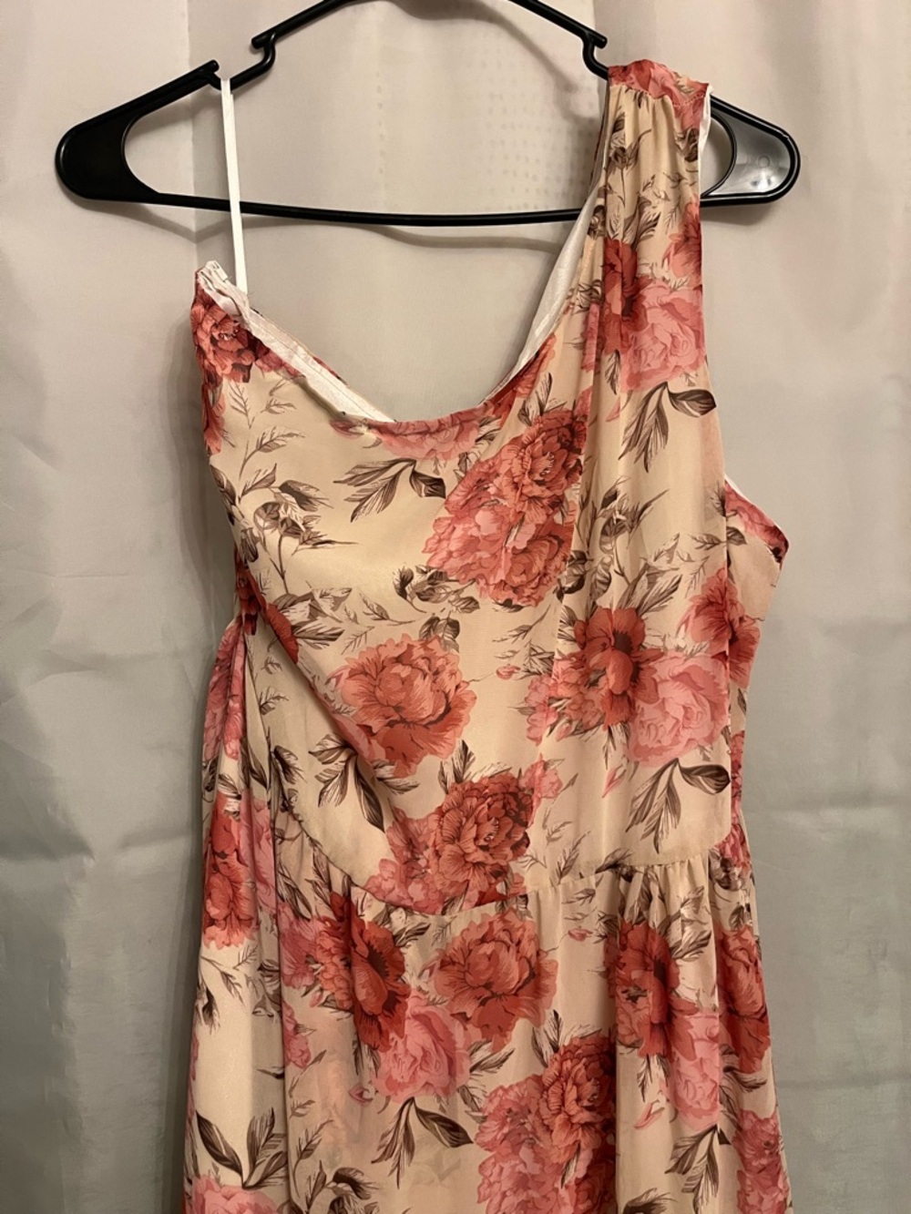 SHEIN Cream One-Shoulder Dress with Pink Floral Print